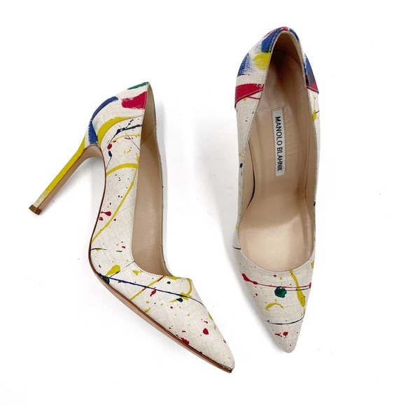 Manolo Blahnik Shoes - SOLD-Manolo Blahnik BBMal Paint Splatter Pumps Cream Heels Sz 38 / 8 Pointed Toe